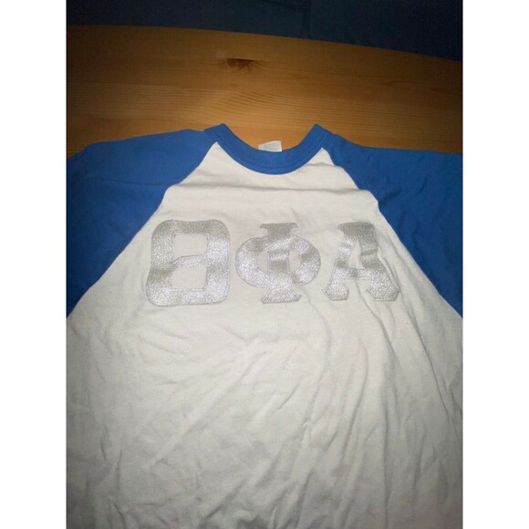 Theta Phi Alpha Shirt Womens Medium White Raglan Sleeves Crew Neck Pullover - Picture 4 of 6